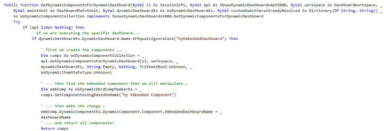 The code sample displays a way to  dynamically change an Embedded Component property to display a different Embedded Dashboard